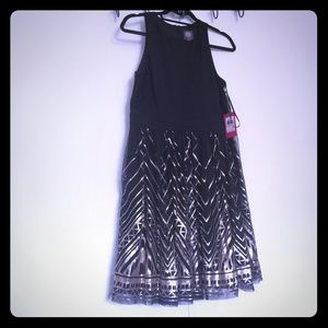 Vince camuto  black flared dress  with gold